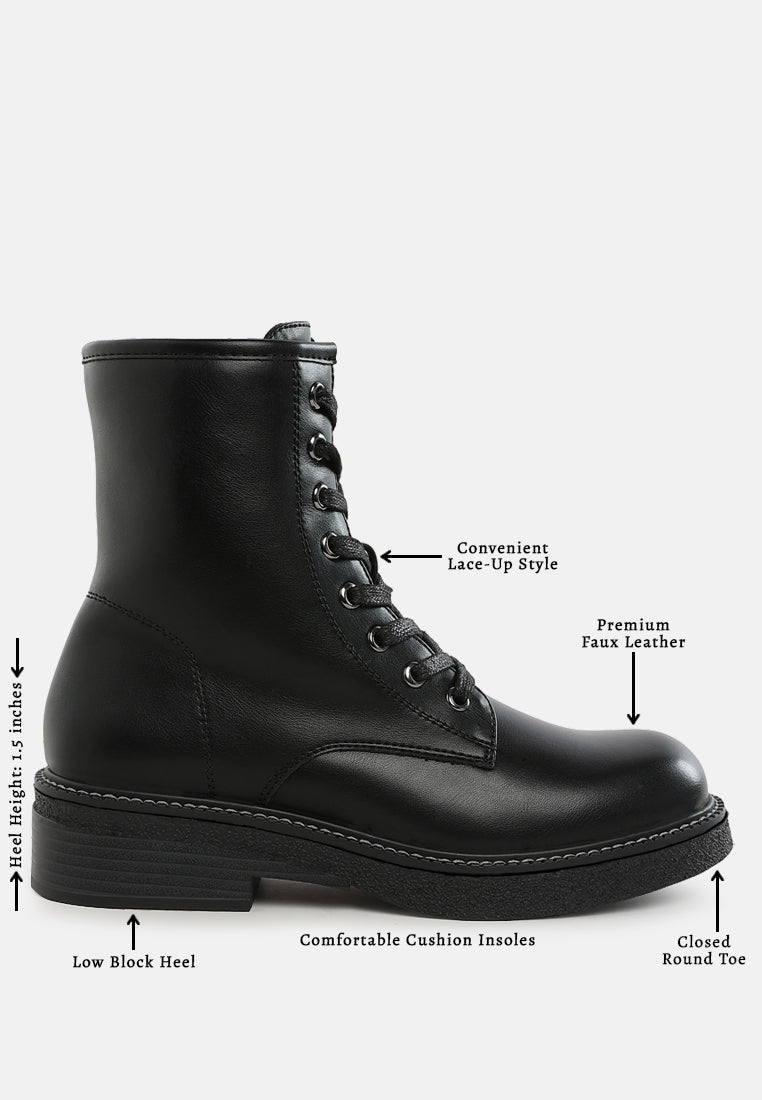 women faux leather lace up boots#color_black