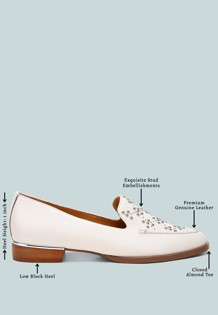women studded genuine leather loafers#color_white
