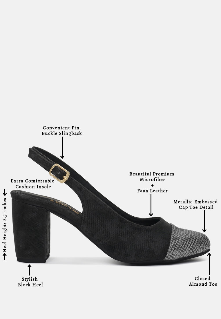 women pin buckle metallic toe cap heels#color_black