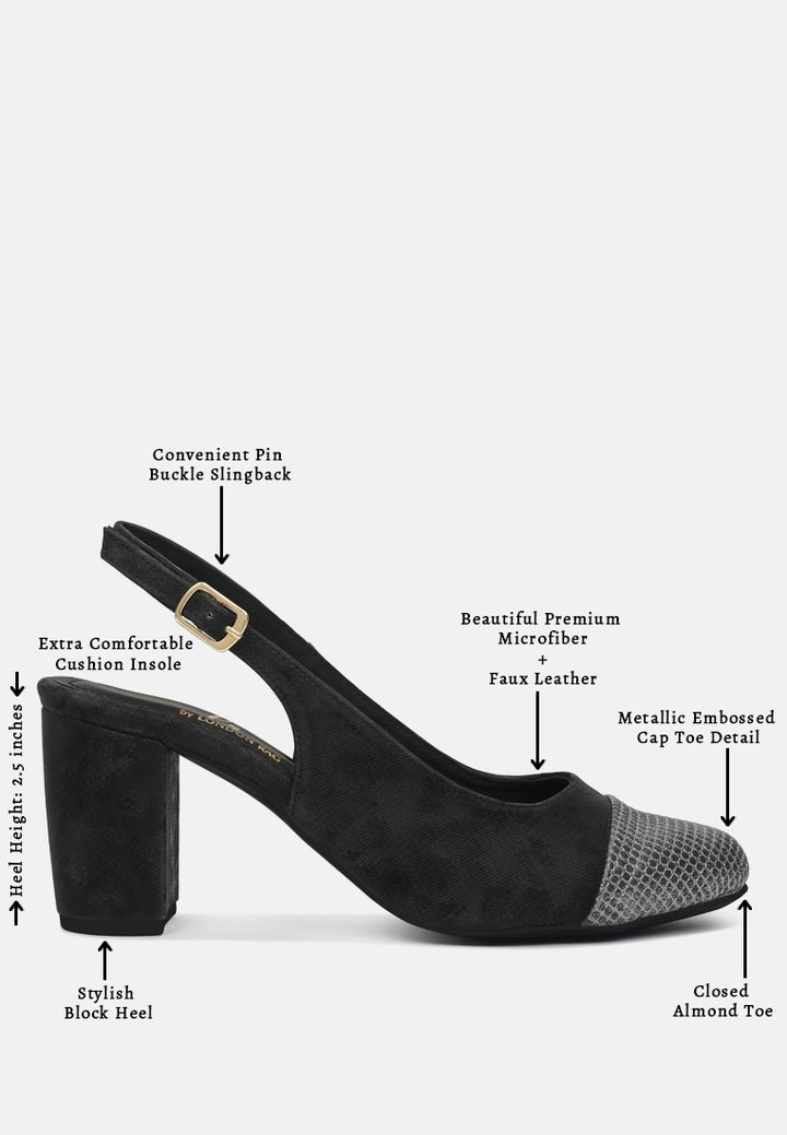 women pin buckle metallic toe cap heels#color_black