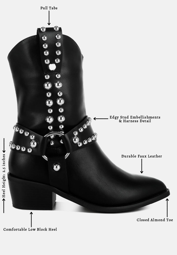 women studded harness detail boots#color_black