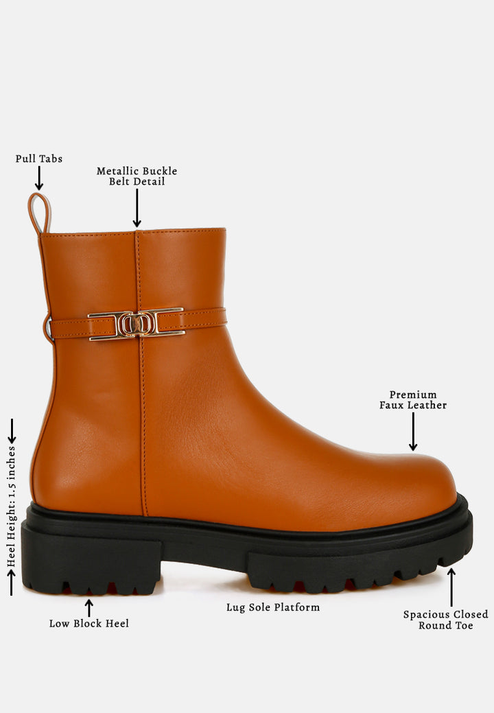 women buckle belt ankle boots#color_tan