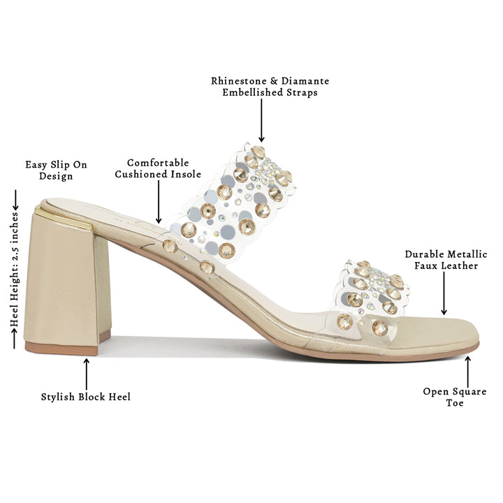 women clear diamante embellished block heels#color_gold