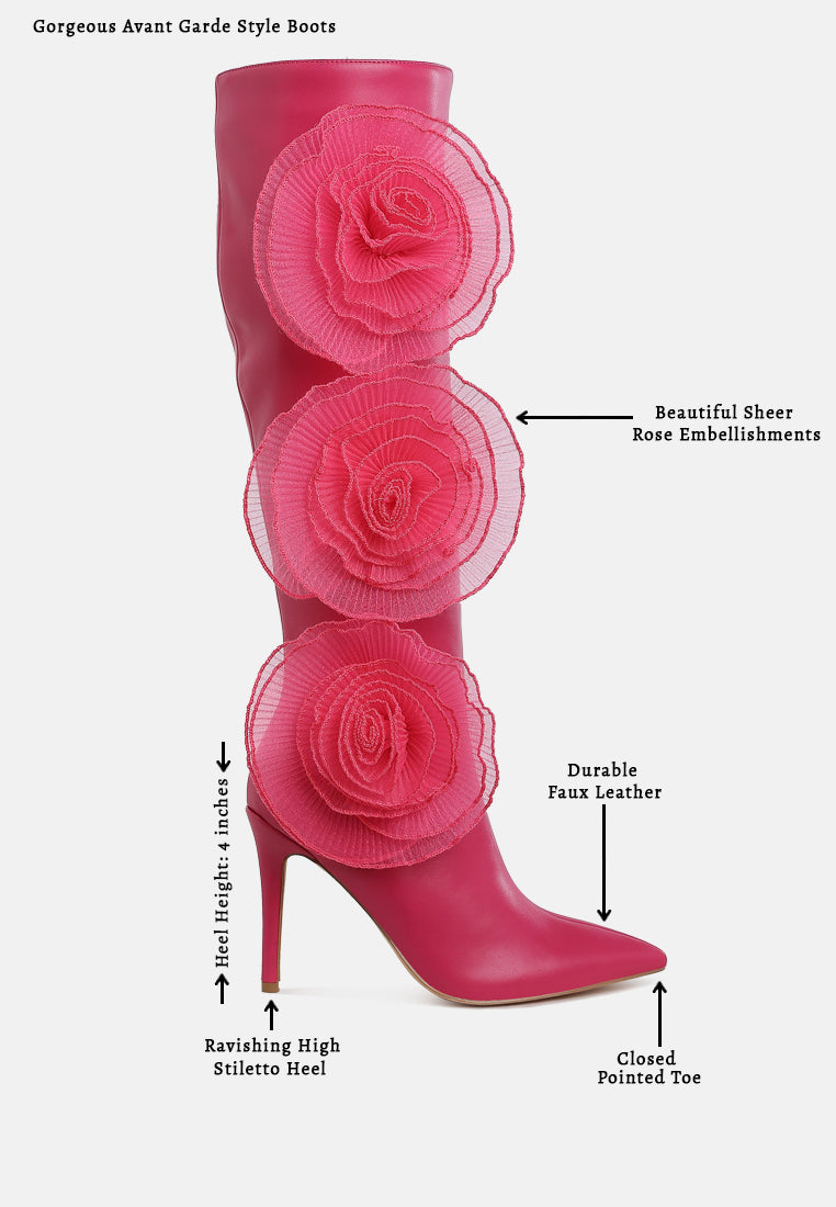 women sheer big rose detail long boots#color_fuchsia