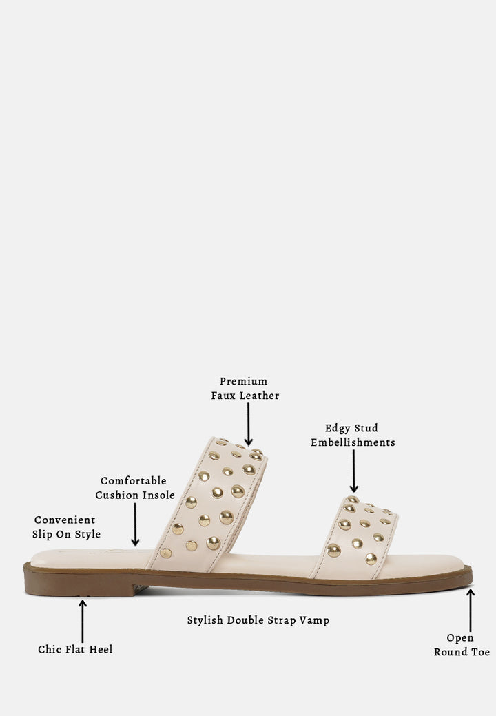 women studded faux leather slip ons#color_beige