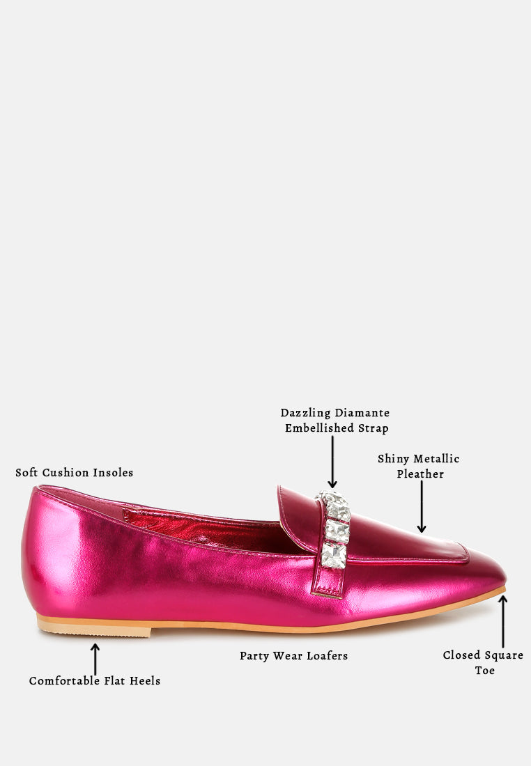 women diamante strap metallic loafers#color_fuchsia