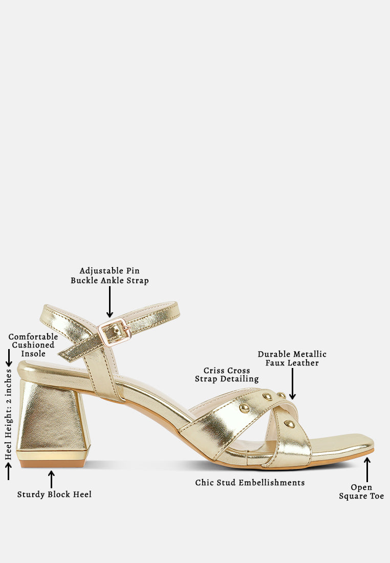 women metallic stud accent block heel sandals#color_gold