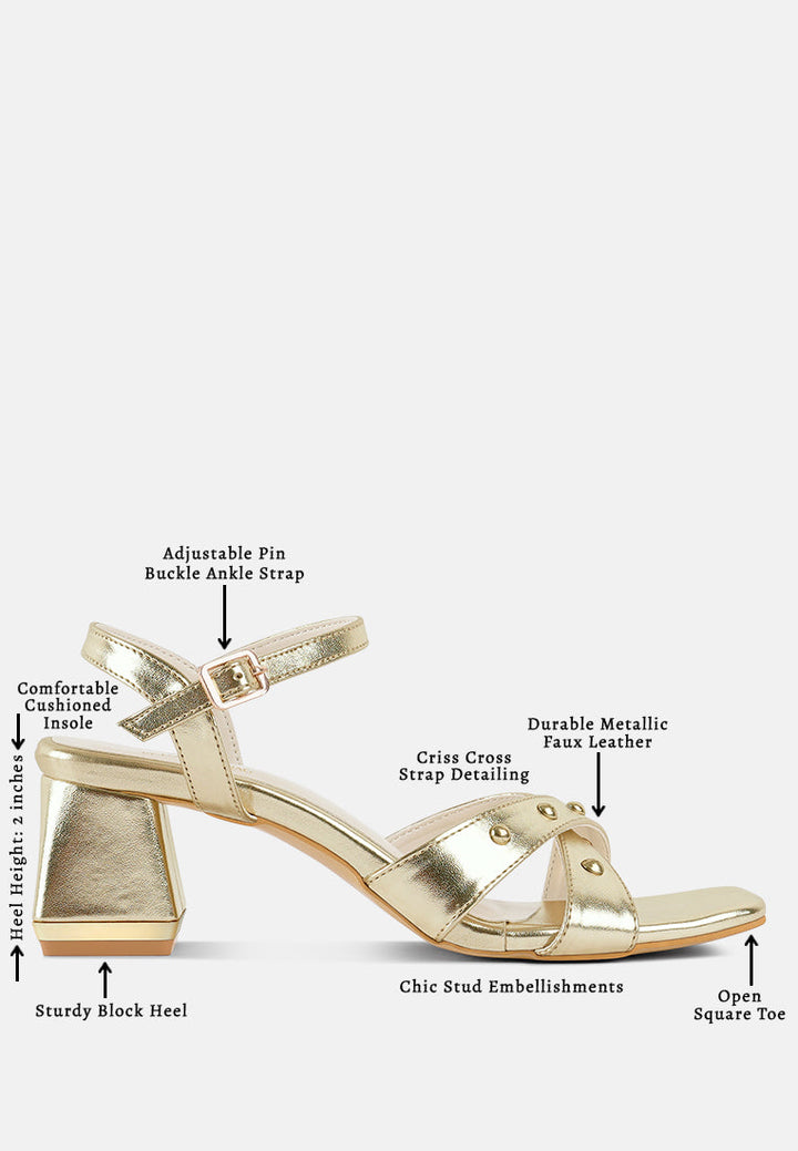 women metallic stud accent block heel sandals#color_gold