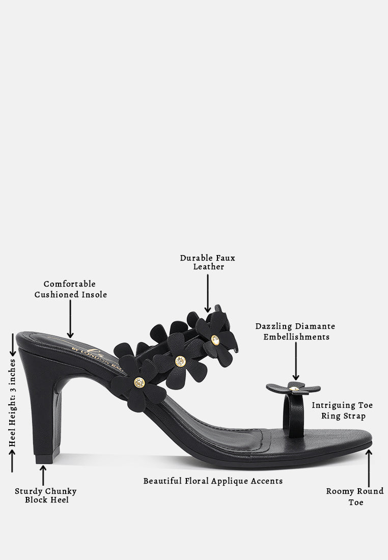 women floral applique slip-on block heels#color_black