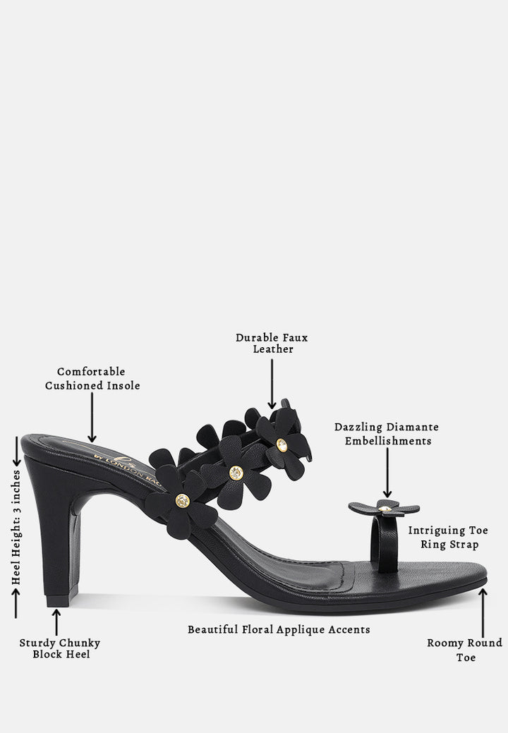 women floral applique slip-on block heels#color_black