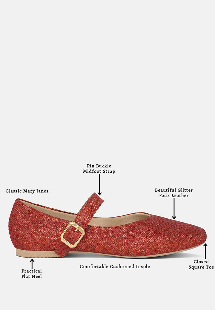 women pin buckle glitter flat ballerina#color_red