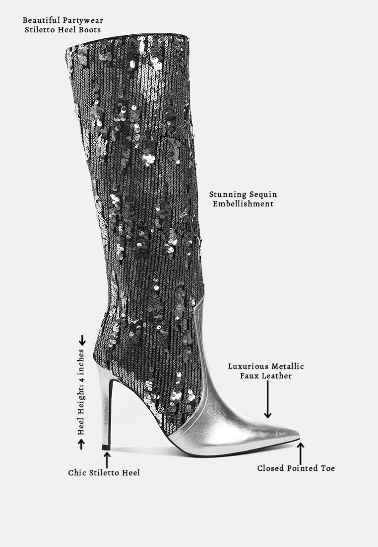women sequin embellished stiletto long boots#color_silver