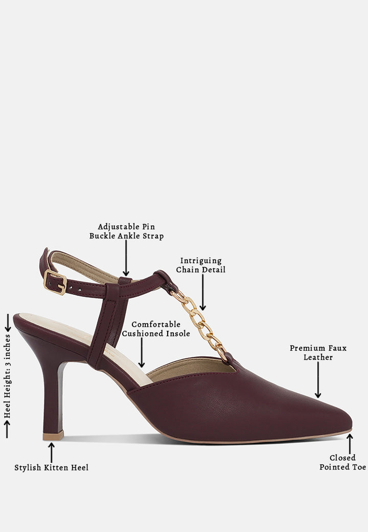 women metallic chain t strap sandals#color_burgundy