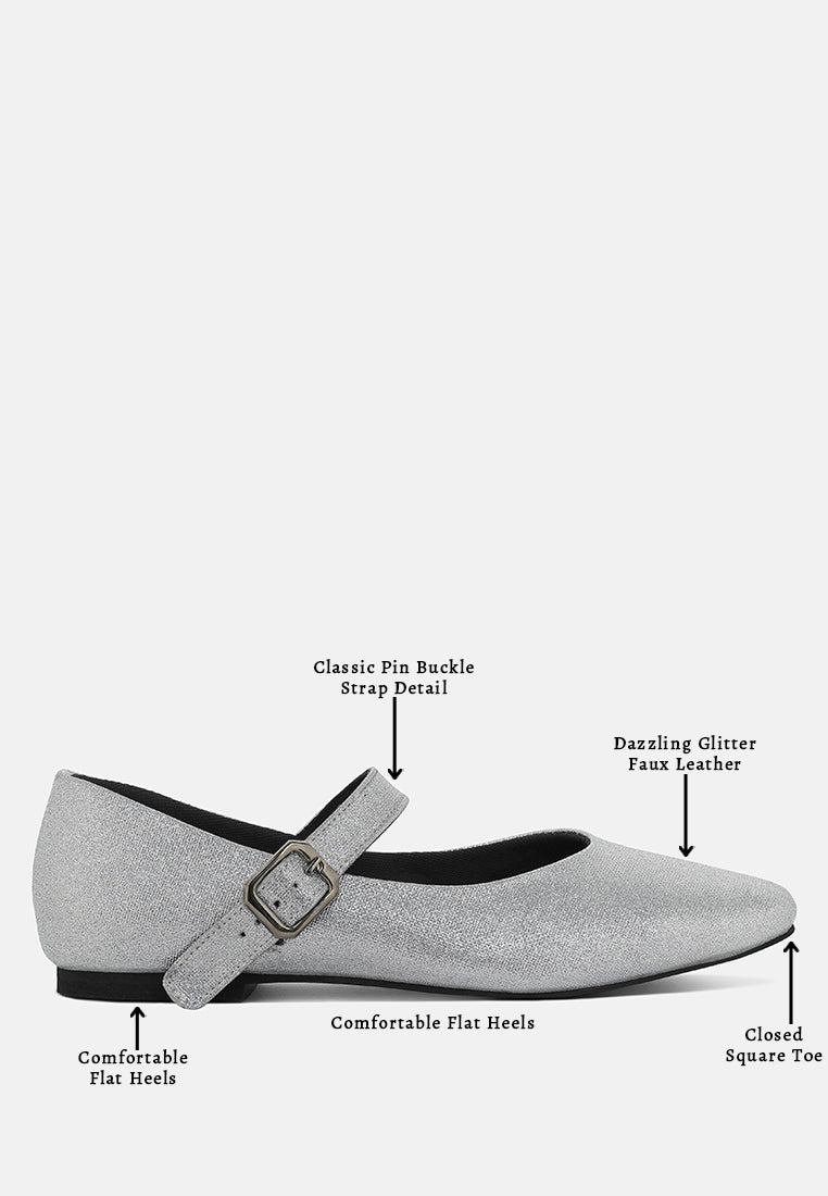 women pin buckle glitter flat ballerina#color_silver