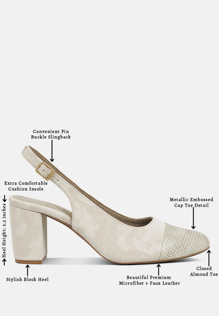 women pin buckle metallic toe cap heels#color_cream