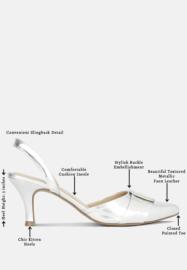 women slingback pointed toe kitten heels#color_silver