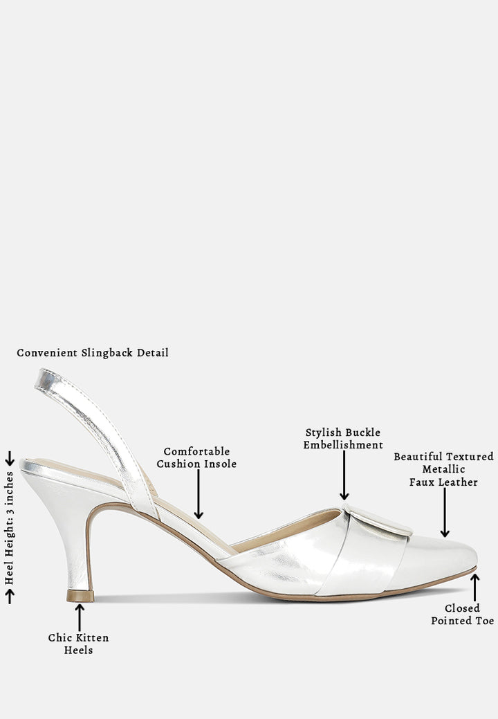 women slingback pointed toe kitten heels#color_silver