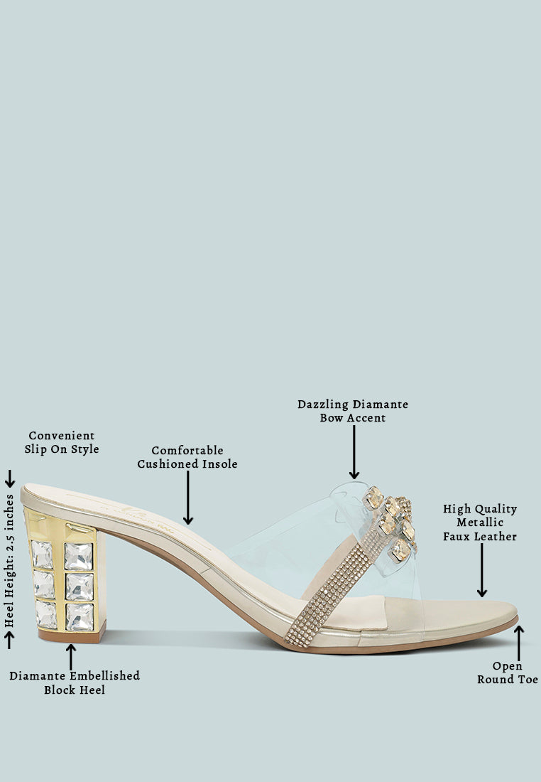 women clear diamante embellished block heels#color_gold