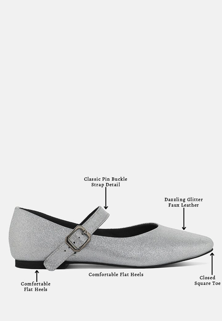 women pin buckle glitter flat ballerina#color_silver