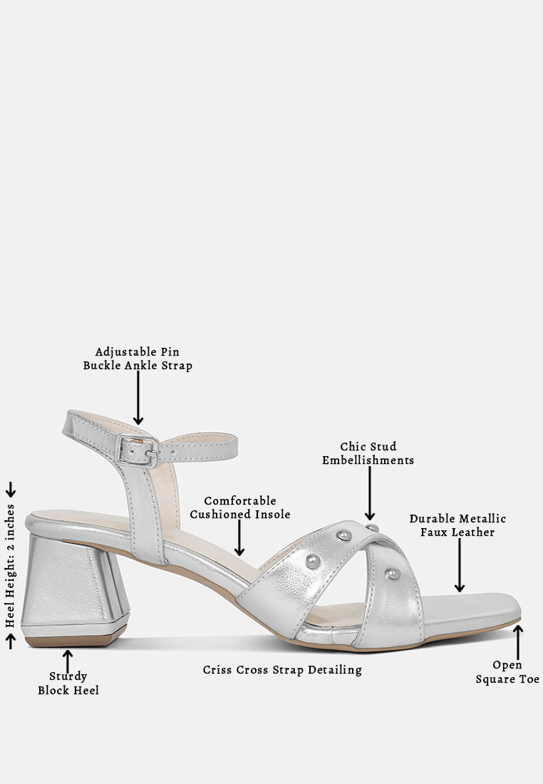 women metallic stud accent block heel sandals#color_silver