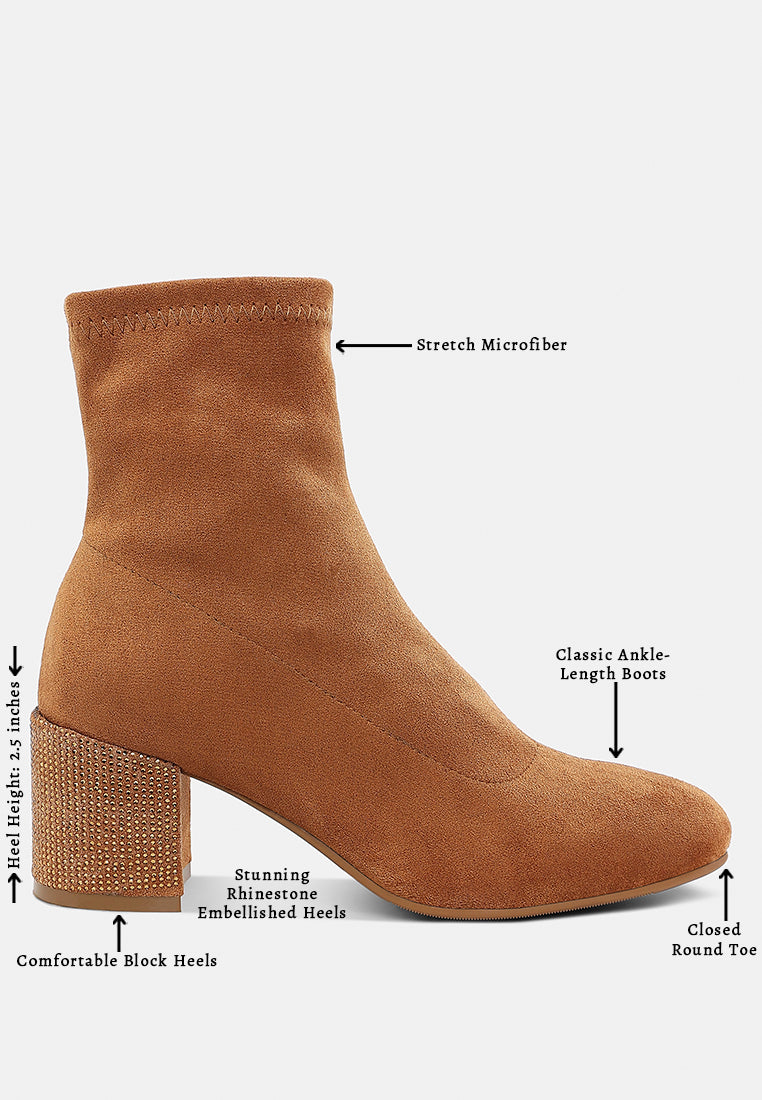 women embellished rhinestones block heel boots#color_tan