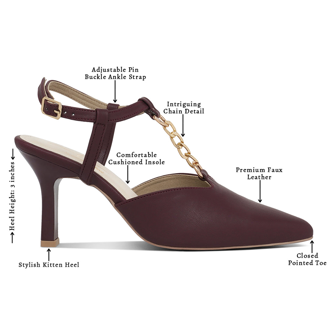 women metallic chain t strap sandals#color_burgundy