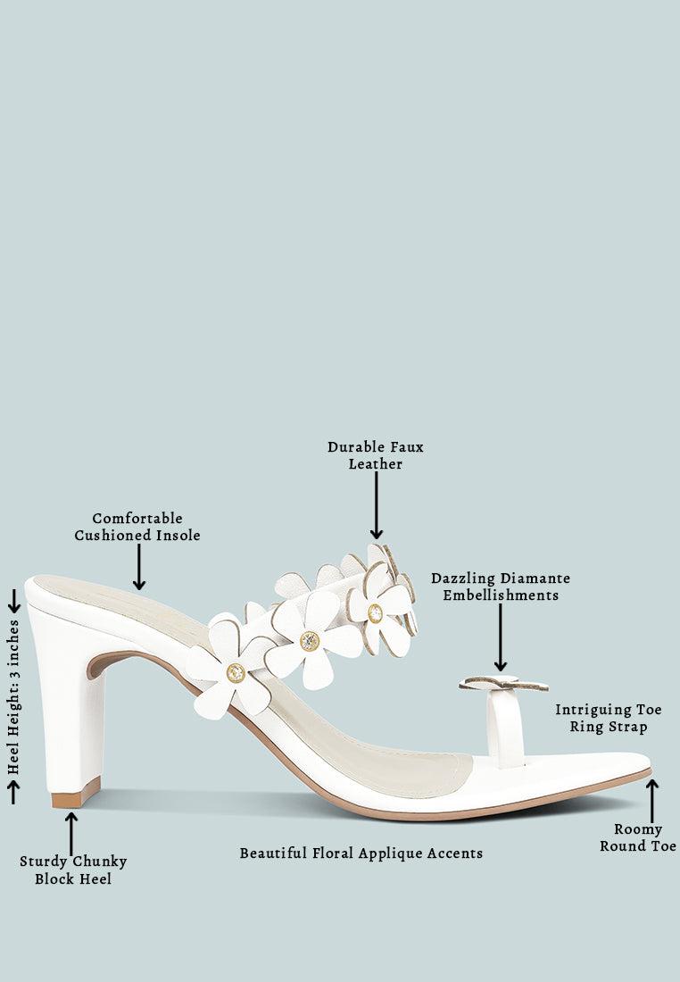 women floral applique slip-on block heels#color_white