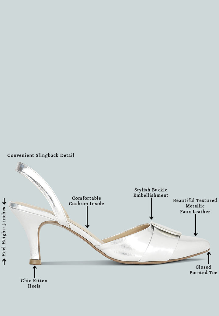 women slingback pointed toe kitten heels#color_silver