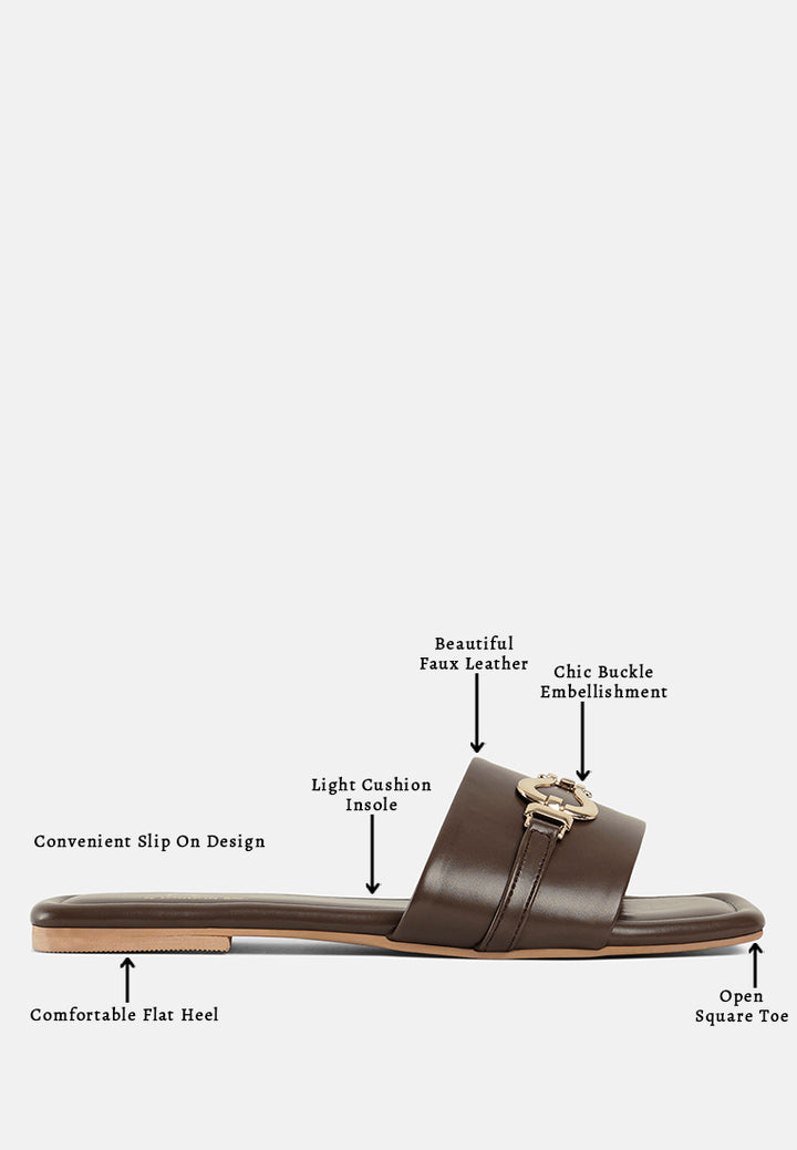 women metallic buckle embellished slip ons#color_brown