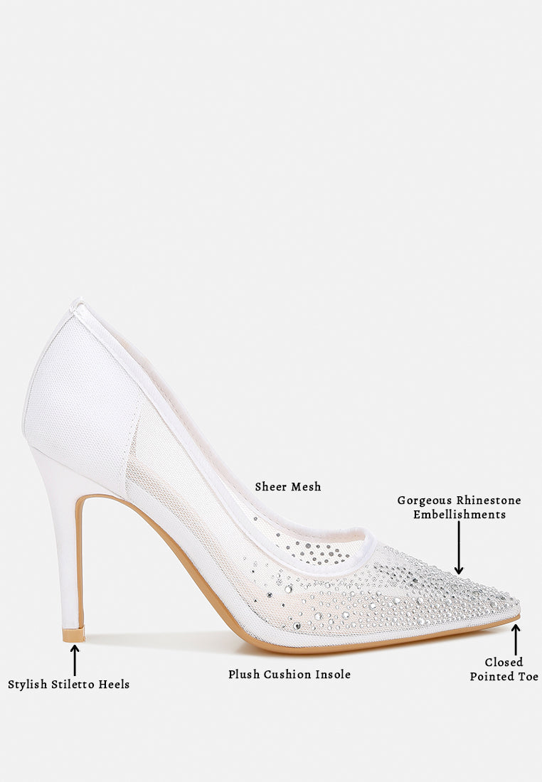 women mesh rhinestone stiletto pumps#color_white