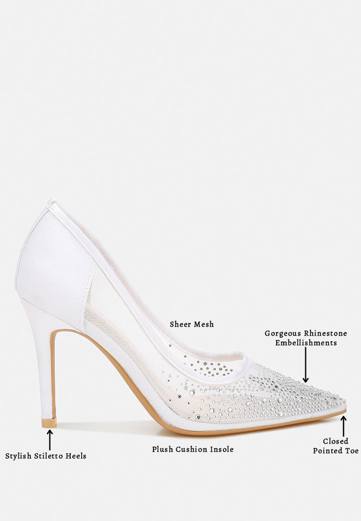 women mesh rhinestone stiletto pumps#color_white