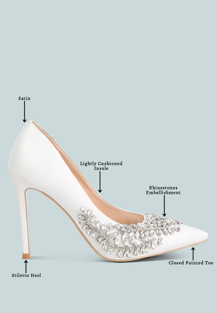 rhinestones embellished satin stiletto pumps#color_white