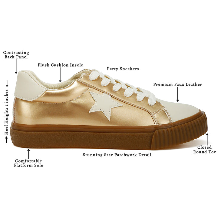 metallic faux leather star sneakers#color_gold