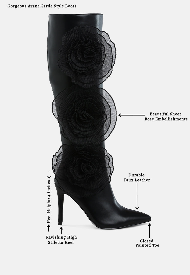 women sheer big rose detail long boots#color_black