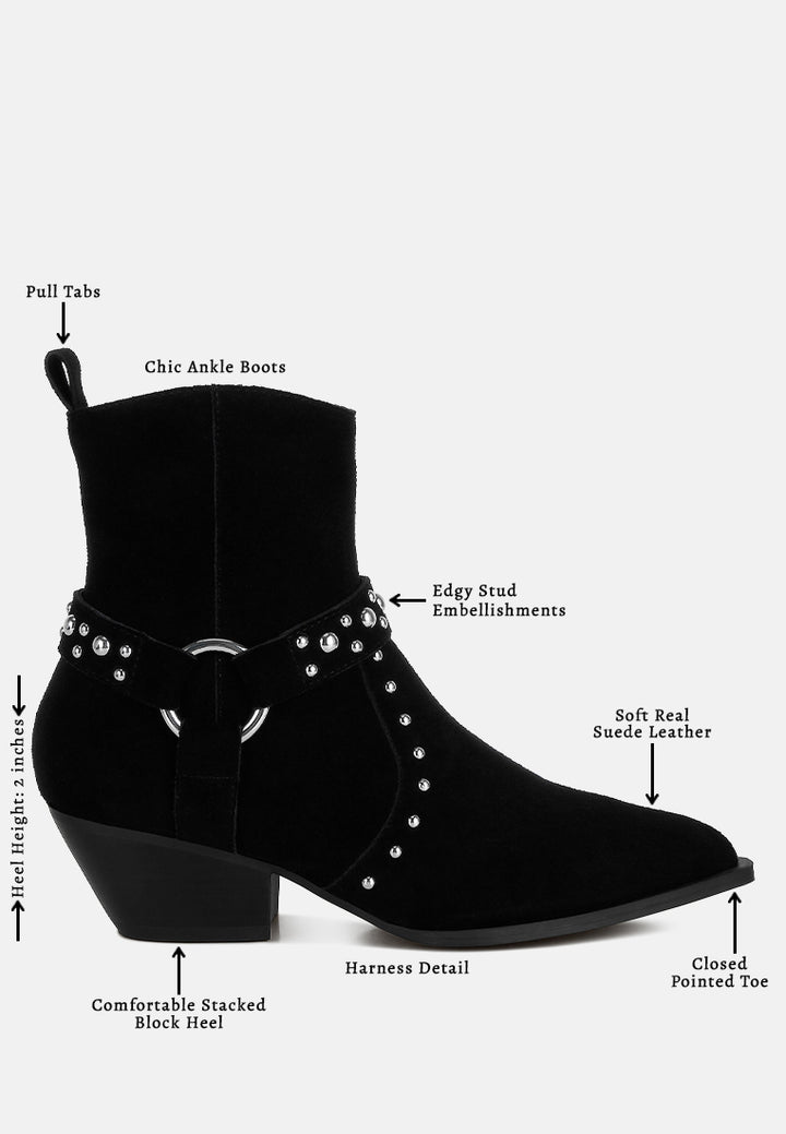 rag & co women studded real suede leather ankle boots#color_black