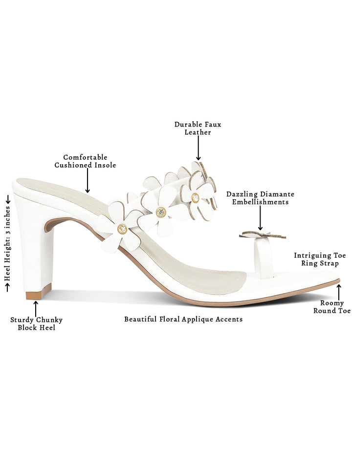 women floral applique slip-on block heels#color_white