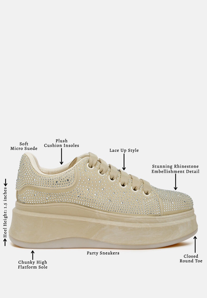 rhinestones embellished chunky sneakers#color_beige