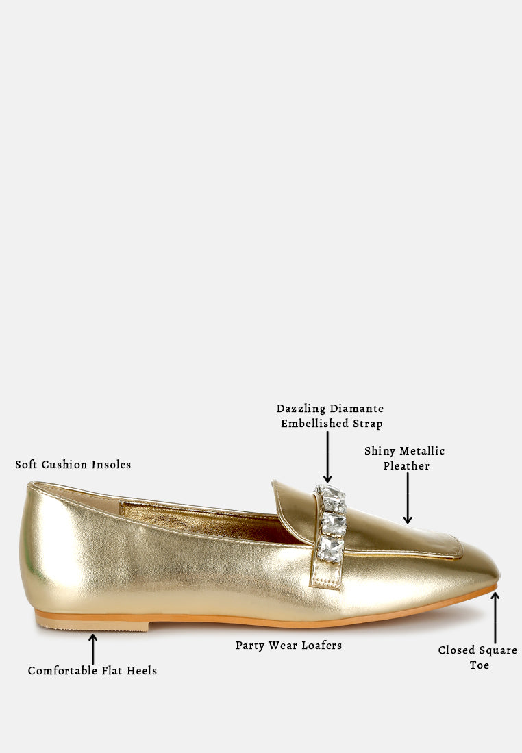 women diamante strap metallic loafers#color_gold