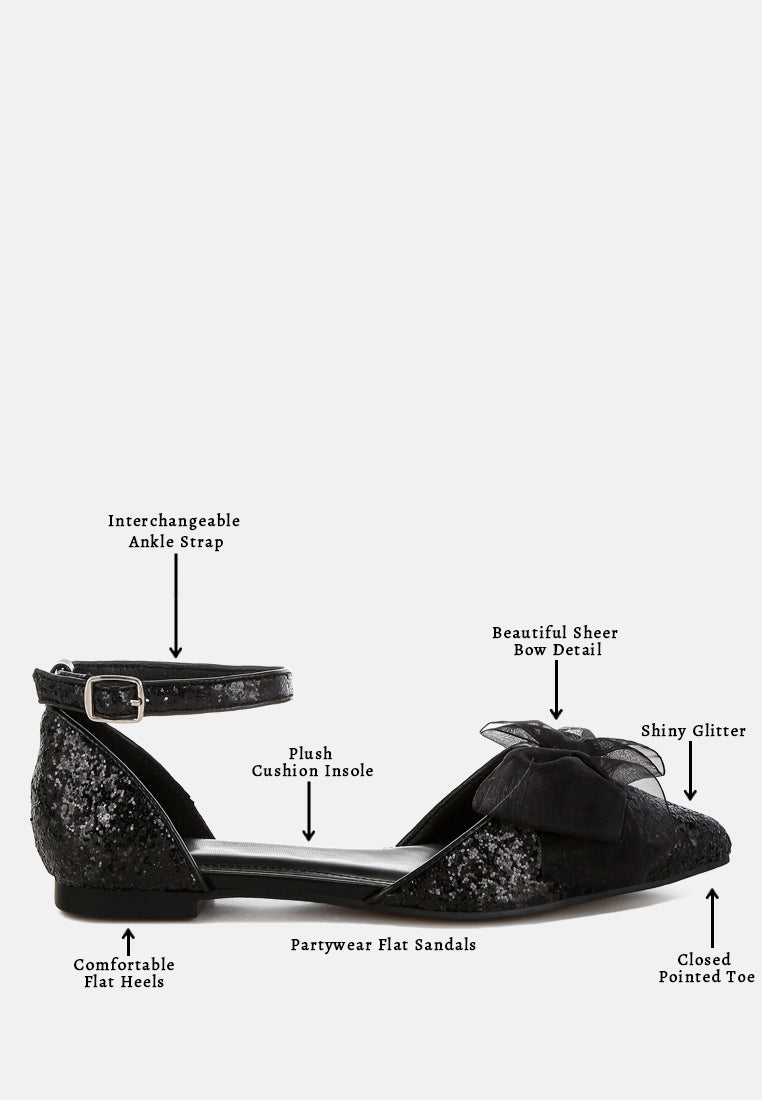 women sheer bow detail glitter flat sandals#color_black