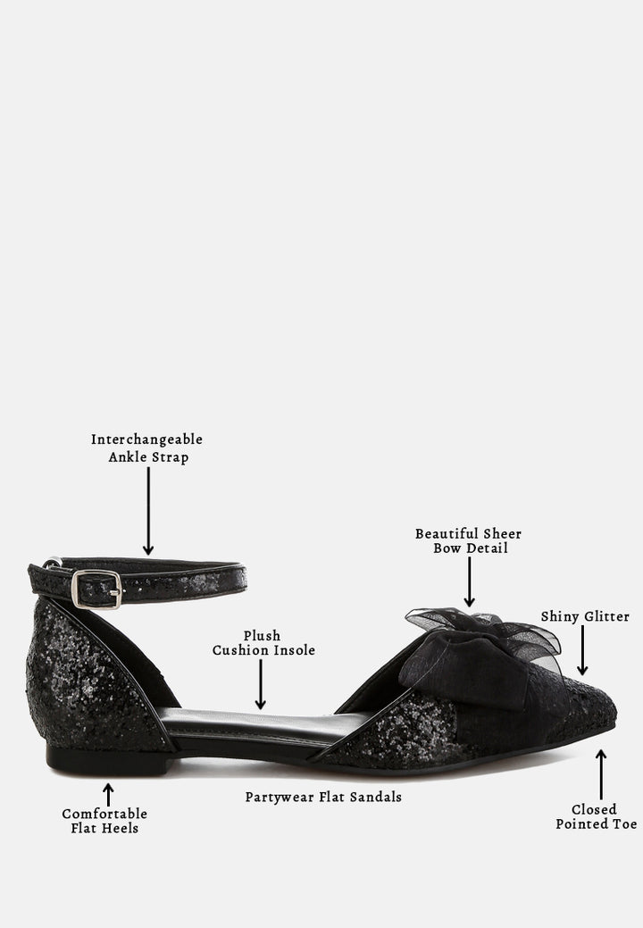 women sheer bow detail glitter flat sandals#color_black