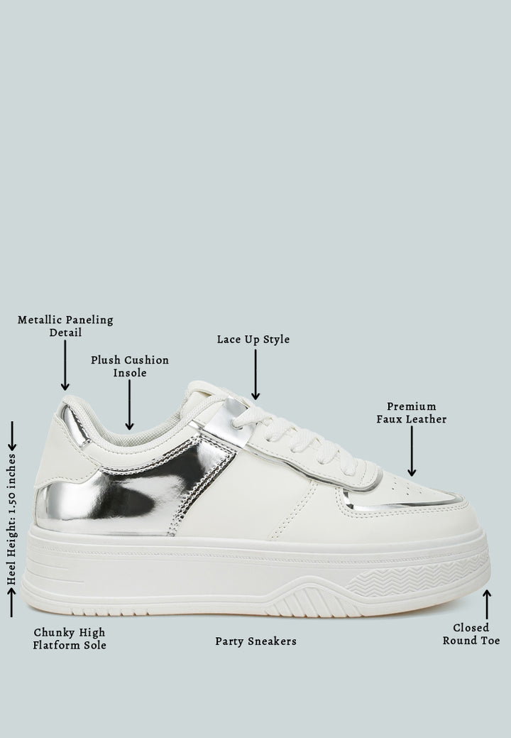 women metallic paneling platform sneakers#color_white-silver
