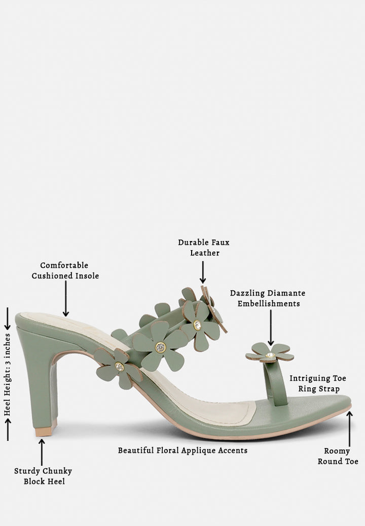 women floral applique slip-on block heels#color_olive-green
