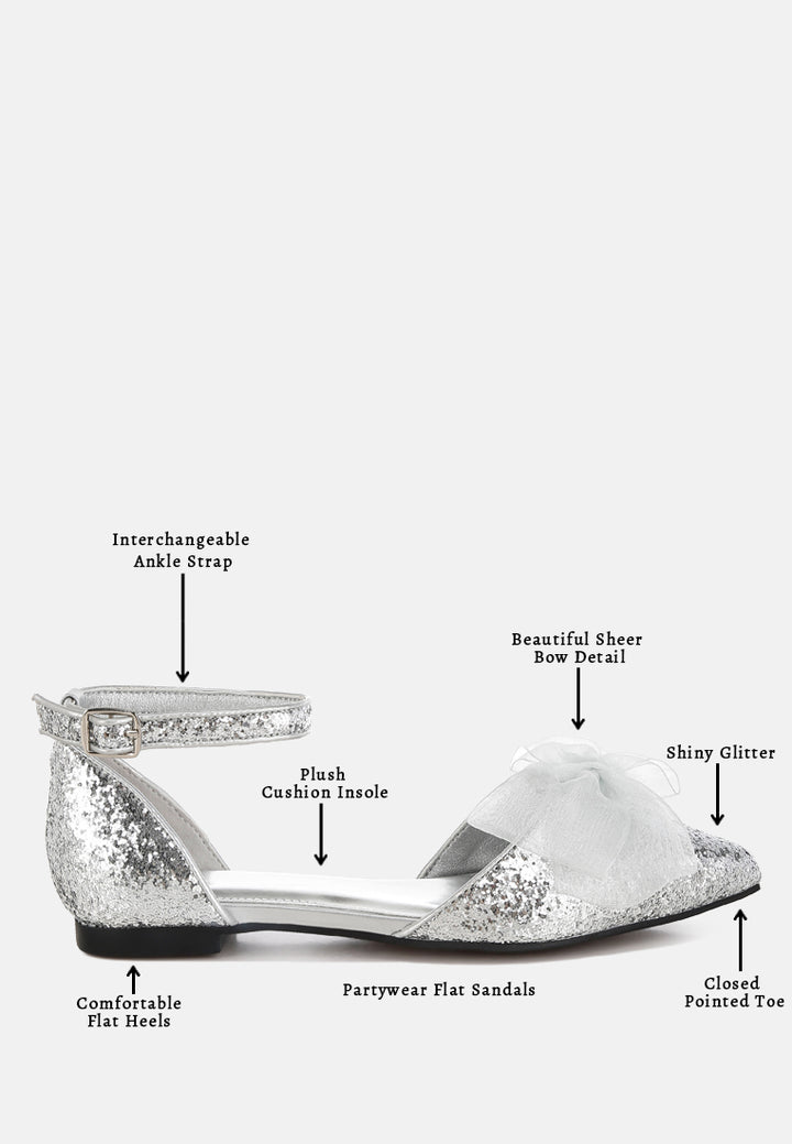 women sheer bow detail glitter flat sandals#color_silver