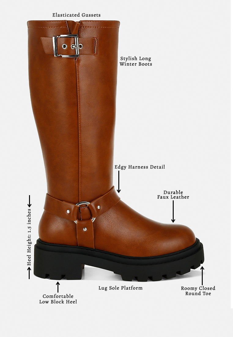 women harnes detail long boots#color_tan