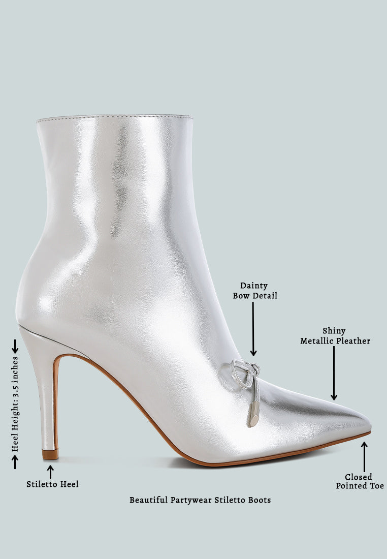 women bow detail metalic high ankle boots#color_silver