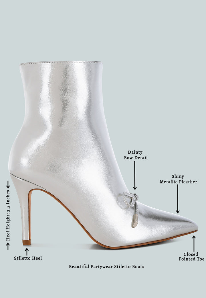 women bow detail metalic high ankle boots#color_silver