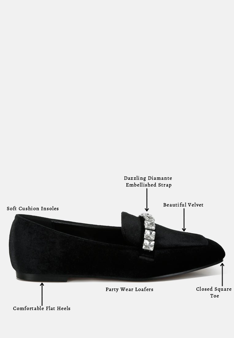women diamante strap velvet loafers#color_black