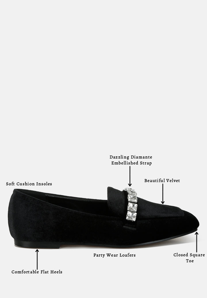 women diamante strap velvet loafers#color_black
