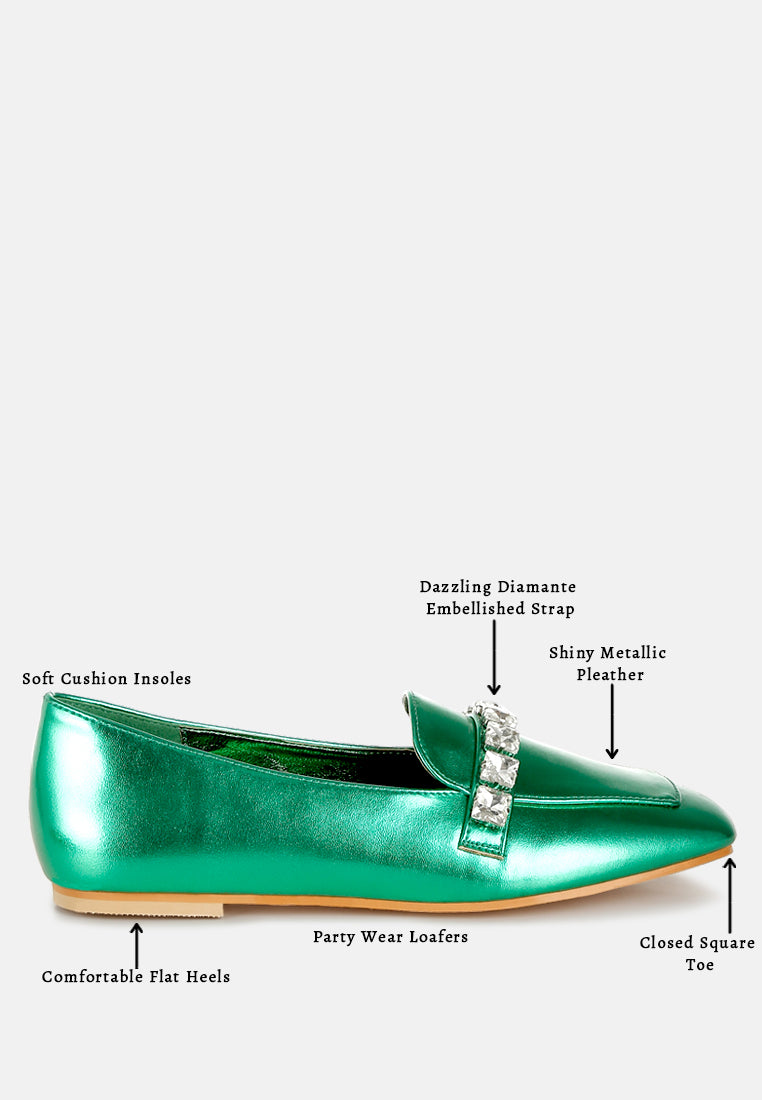 women diamante strap metallic loafers#color_green