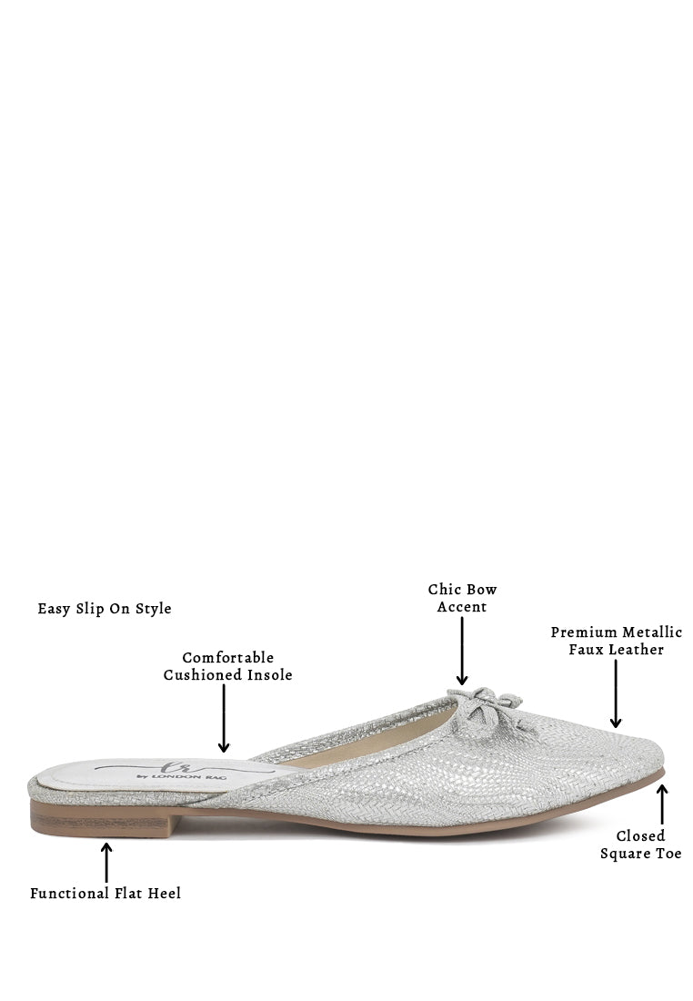 Women Bow Detail Metallic Mules